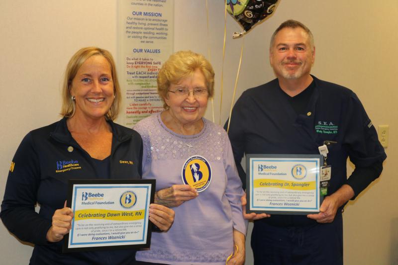Celebrating Excellent Care in Beebe Healthcare’s Emergency Department are (l-r) Dawn West, RN; Frances Woznicki, grateful patient and retired RN; and Dr. Monte Spangler. SUBMITTED PHOTO